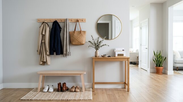 Modern entryway with wooden bench coat rack and round mirror.