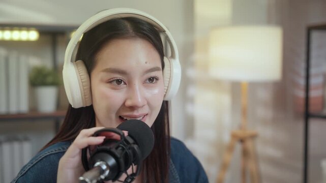 Podcast digital creator home studio microphone headphone female smile, voice recording in soft light, indoor focus, calm tone, warm mood, tidy desk workflow, cozy room, creative work in progress