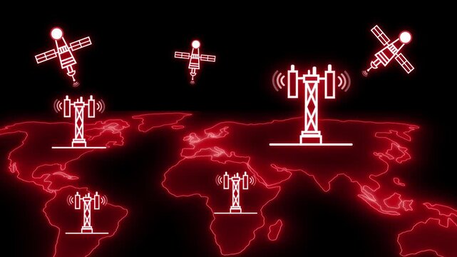 Global satellite and wireless network coverage concept animation