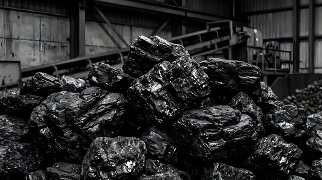 Large pile of raw black coal chunks inside an industrial processing plant