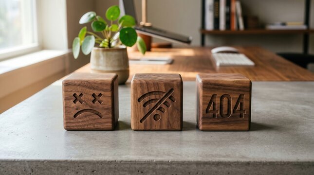 Three wooden blocks showing error concepts including sad face no wifi and error 404 code with interior
