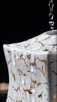 Water splashes on the ceramic jar with gold pattern.