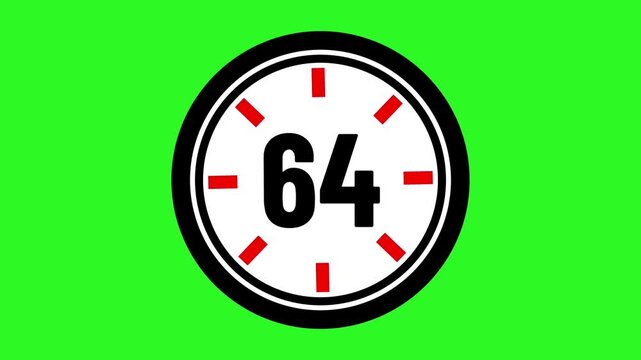 Animated number 64 with circular graphic elements on green screen ideal for chroma key editing, motion graphics, presentations. 64 days to go. 64 days left