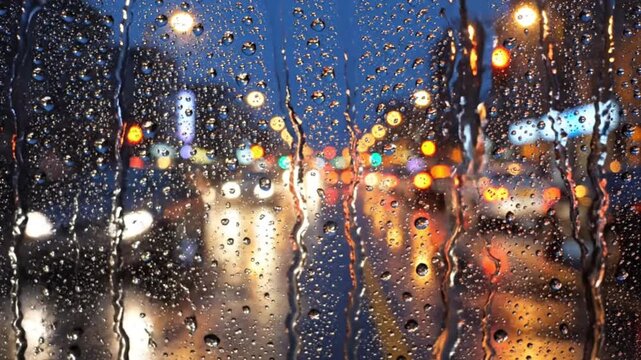 Mesmerizing raindrops on a car window at night, reflecting vibrant blurred city lights, creating a moody and atmospheric urban street scene experience