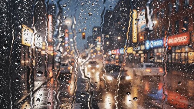 Dynamic city street at night, blurred through a rain-streaked window, showcasing vibrant neon lights and reflections on wet roads, capturing the moody urban essence
