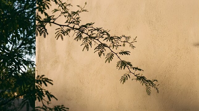 Golden hour shadow of a tree branch on a textured beige wall background