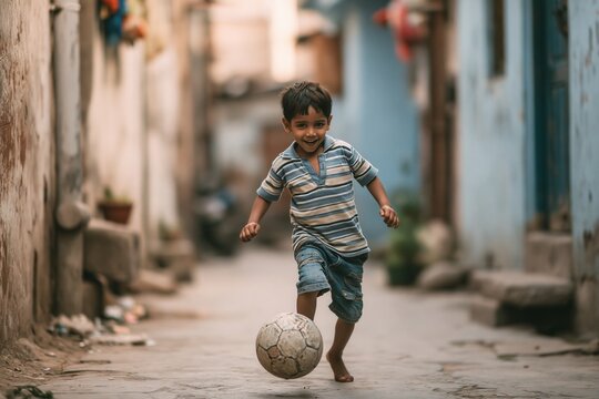 Brazilian boy playing soccer in a favela.