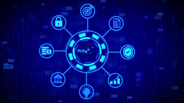 Futuristic digital interface with glowing neon blue circuit board patterns and interconnected abstract representing data analysis target achievement and information flow on a dark blue background
