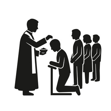 Priest Administering Sacrament to Kneeling Person with Others Waiting.