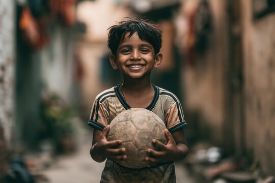 Brazilian boy playing soccer in a favela.