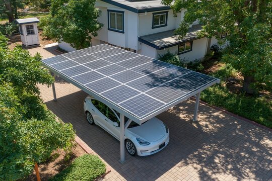 A white house, a solar panel covered carport and a white car parked beneath.