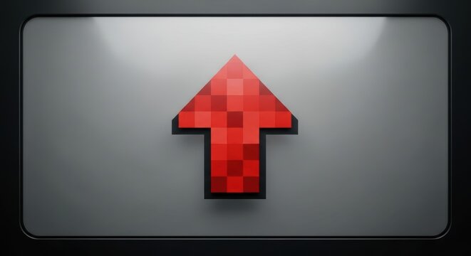 3D pixelated red arrow pointing up on gray background, minimalist digital art symbol for growth and progress.