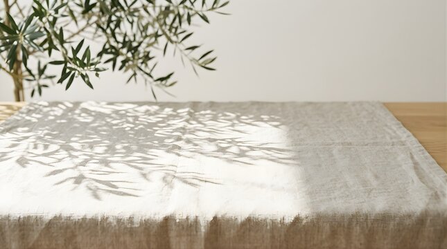 Rustic wooden table with linen cloth and olive tree branch shadows