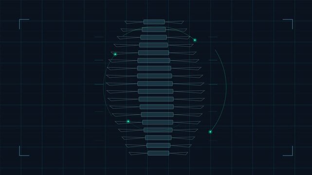 Futuristic HUD interface scanning spine anatomy graphic on dark grid background