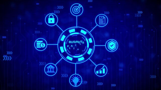 Futuristic digital interface with glowing neon blue circuit board patterns and interconnected abstract representing data analysis target achievement and information flow on a dark blue background