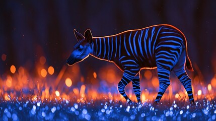 Fototapeta premium Night walking okapi with blue stripes and orange background
