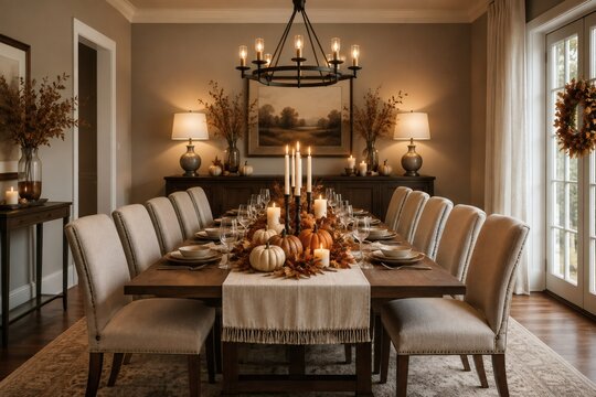 Elegant Thanksgiving Dining Room with Holiday Table Setting and Pumpkins