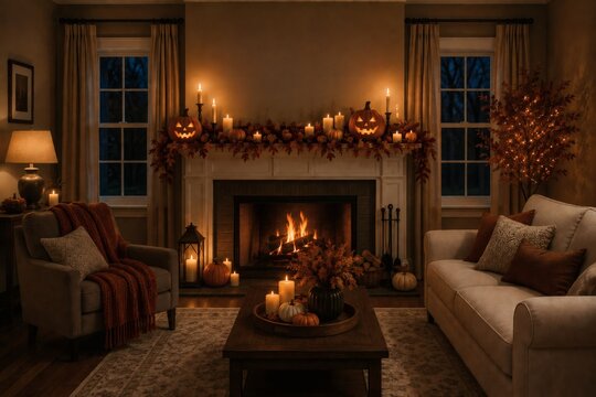 Cozy Halloween Living Room with Fireplace Mantel and Carved Pumpkins at Evening