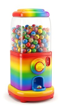 Rainbow gumball machine filled with colorful candy spheres on a white background.