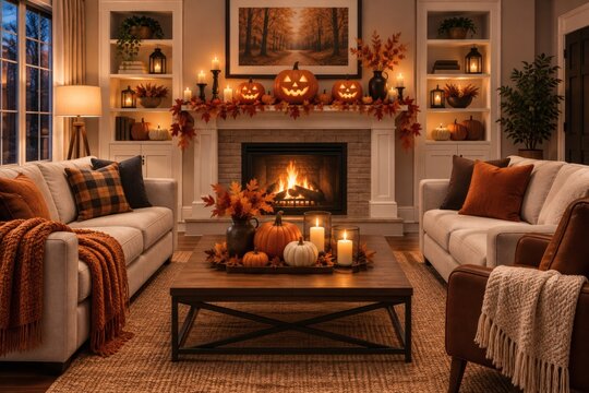 Bright Halloween Living Room with Fireplace Mantel, Pumpkins, and Built-In Shelving