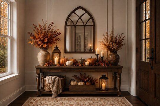 Elegant Autumn Entryway with Console Table, Pumpkins, and Seasonal Decor