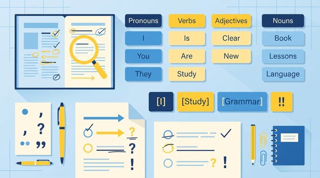 Grammar learning concept featuring sentence structures, punctuation symbols, vocabulary cards and correction elements in a clean educational flat design.