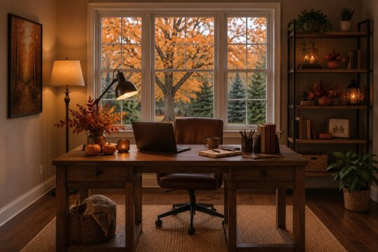 Cozy Autumn Home Office with Wood Desk and Autumn Tree Window View