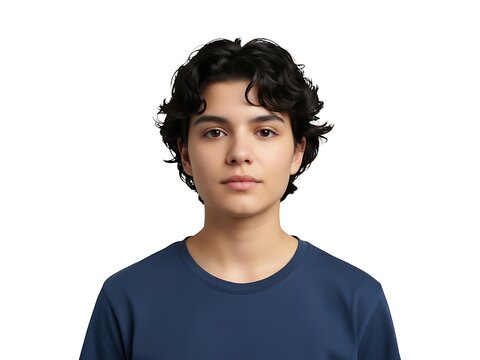 A portrait of a young person with dark wavy hair and a neutral expression