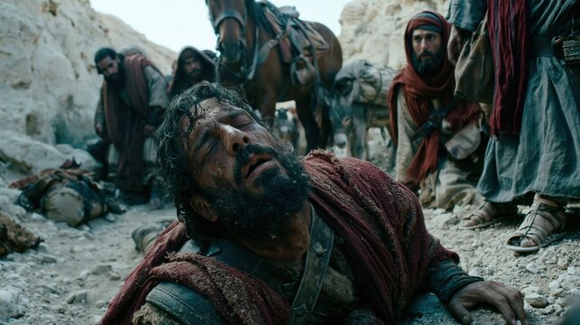 Saul on the road to Damascus, suddenly struck by an intense heavenly light from the sky, collapsing to the ground.