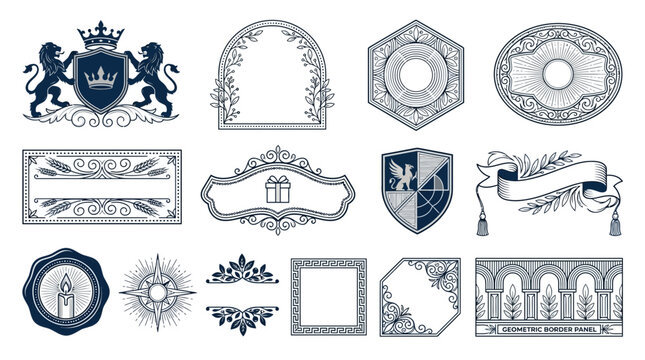 Heraldic Crests, Ornate Frames, Seals, Ribbons - Isolated Vector Icons