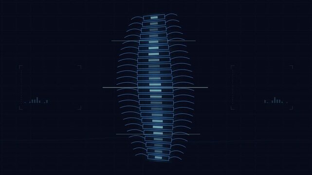 Futuristic digital interface HUD showing animated spinal column structure