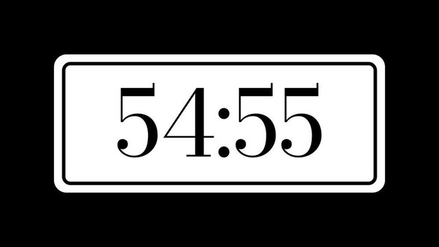 Countdown timer from 55 minute to 54 minute on black background suitable for time management, productivity, deadlines, presentations