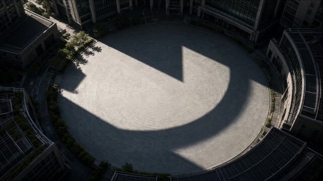 Aerial cinematic urban weather timelapse background showing dramatic building shadows across curved circular plaza, geometric architecture, deep shadow, sunlight, muted daylight, modern architectural