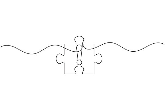 Puzzle icon with exclamation mark continuous one line drawing minimalist problem warning idea outline vector illustration