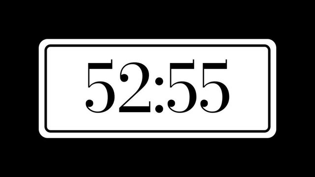 Countdown timer from 53 minute to 52 minute on black background suitable for time management, productivity, deadlines, presentations