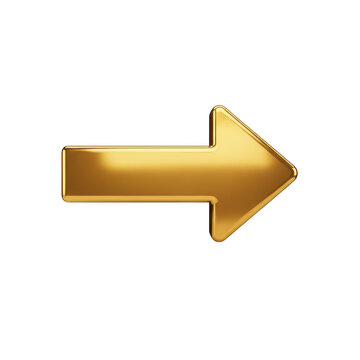 Shiny gold arrow icon pointing right isolated on white background for web design.