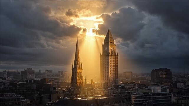 Cinematic urban weather timelapse background featuring glowing historic clock tower and Gothic church spire beneath dramatic storm clouds, golden sunset light, dense cityscape and expansive skyline