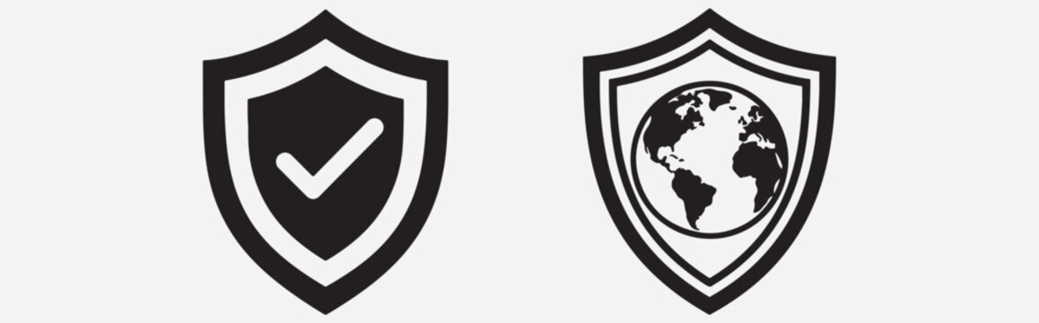 Shield icons with checkmark and globe during global security concept isolated on white background