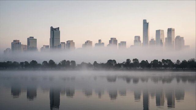 Cinematic urban weather timelapse background featuring misty city skyline, modern towers, dawn fog, calm lake reflection, serene waterfront atmosphere, softened morning light, tranquil atmosphere