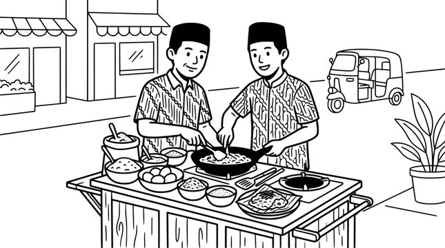 Two indonesian men cooking traditional street food at a mobile food cart stall