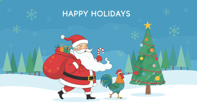 Joyful cartoon illustration of Santa Claus carrying a red sack of gifts next to a colorful rooster in a snowy forest.