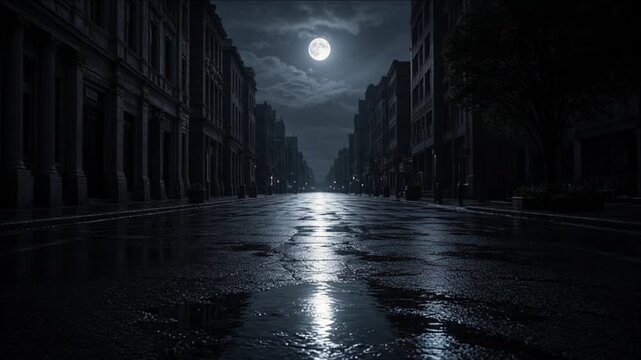 Cinematic urban weather timelapse background of deserted city street beneath full moon, rain soaked pavement, dramatic nighttime atmosphere, reflective shadows, atmospheric cinematic scenery