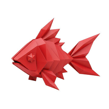 Red origami fish isolated on white background, paper craft animal sculpture cutout.
