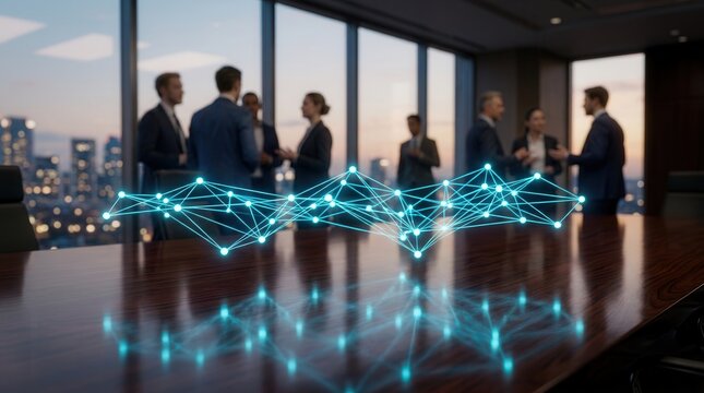 Modern corporate boardroom featuring glowing digital network connections for global data integration.