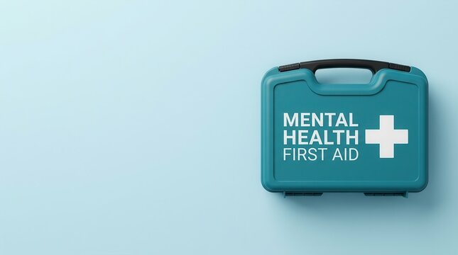 Mental health first aid kit on a clean light blue background for care and support concepts.