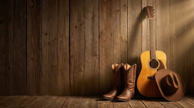 Acoustic guitar, cowboy boots, and a western hat resting against a rustic wood plank wall.