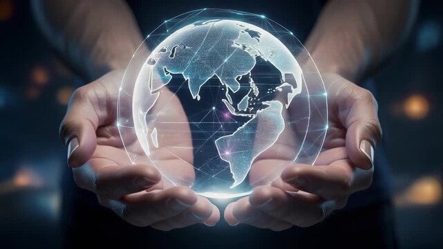 Hands holding glowing digital globe global connection technology concept