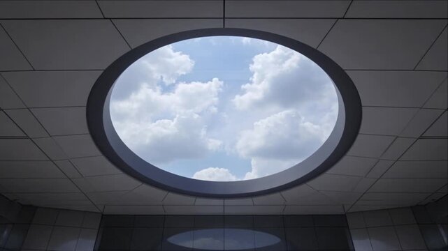 Cinematic Urban Weather Timelapse Background with Circular Oval Skylight Framing Bright Blue Cloudy Sky Above Modern Tiled Interior Ceiling and Reflective Architectural Wall for Atmospheric Design