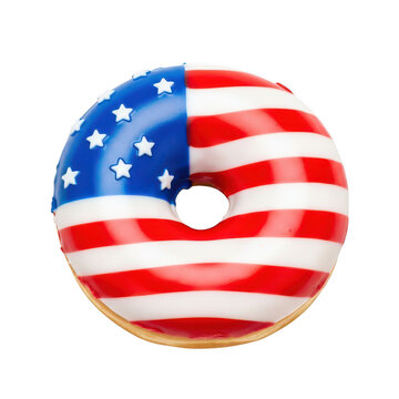 American flag donut with red white and blue icing isolated on white background