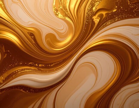 Abstract fluid gold and cream swirling pattern with glitter and shimmer effects perfect for luxurious backgrounds and artistic design projects
